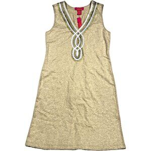 Catherine Womens Sz S Metallic Ribbon Accent V-Neck‎ T-shirt Dress Beige Stretch